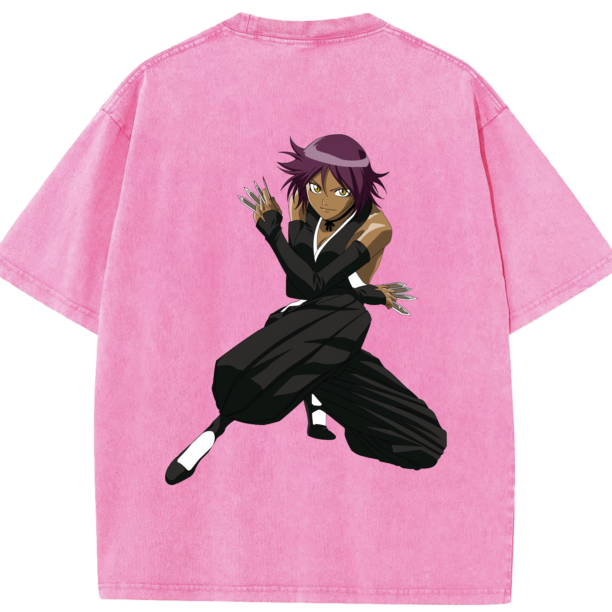 （画像用） ブリーチ 四楓院 夜一（しほういん よるいち） BLEACH Shihouin Yoruichi 綿100% ヴィンテージ風 半袖Tシャツ（背面プリント）